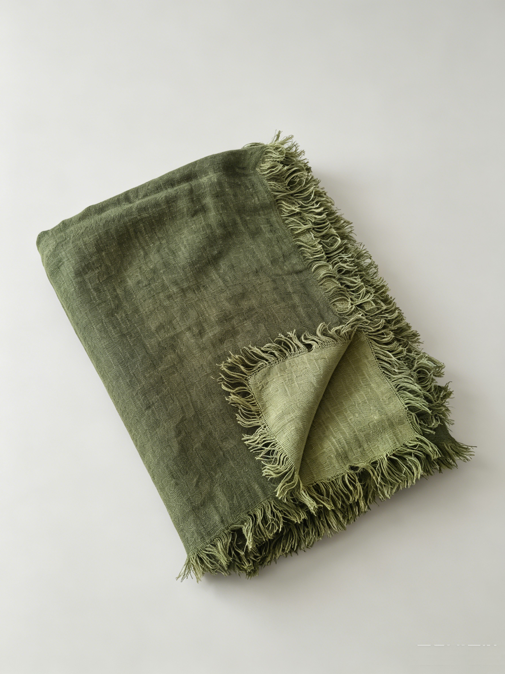 190gsm Vintage Olive Green Double Layer Linen Throw with Fringe | OEKO‑TEX & European Flax Certified