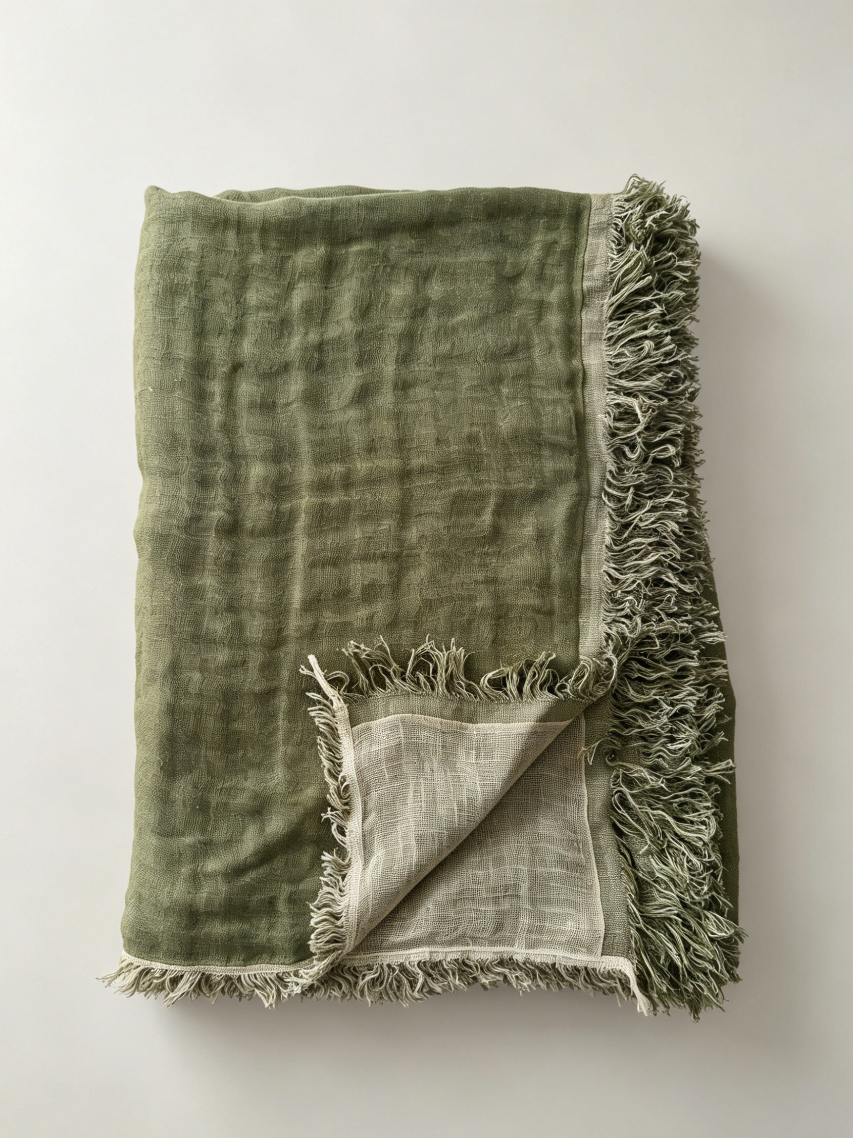 190gsm Vintage Dark Olive Green Double Layer Linen Throw with Fringe | OEKO‑TEX & European Flax Certified