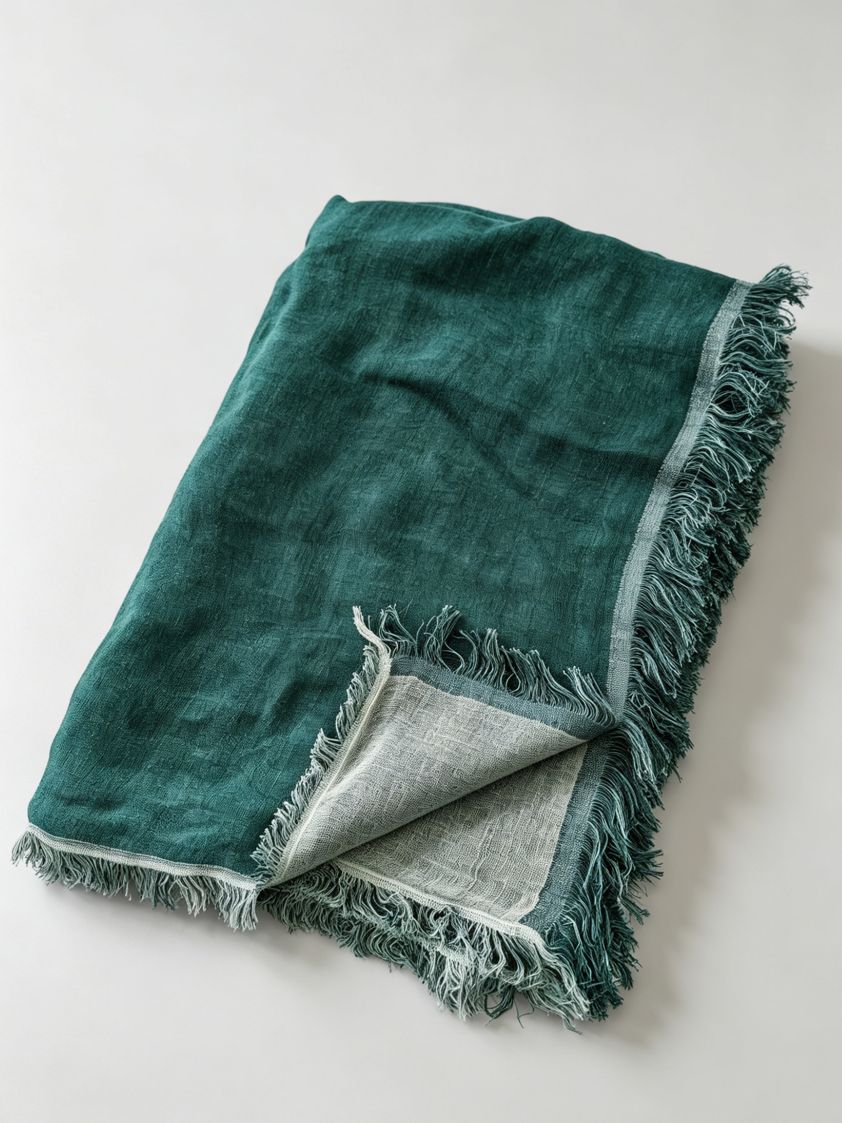 190gsm Vintage Deep Lake Green Double Layer Linen Throw with Fringe | OEKO‑TEX & European Flax Certified