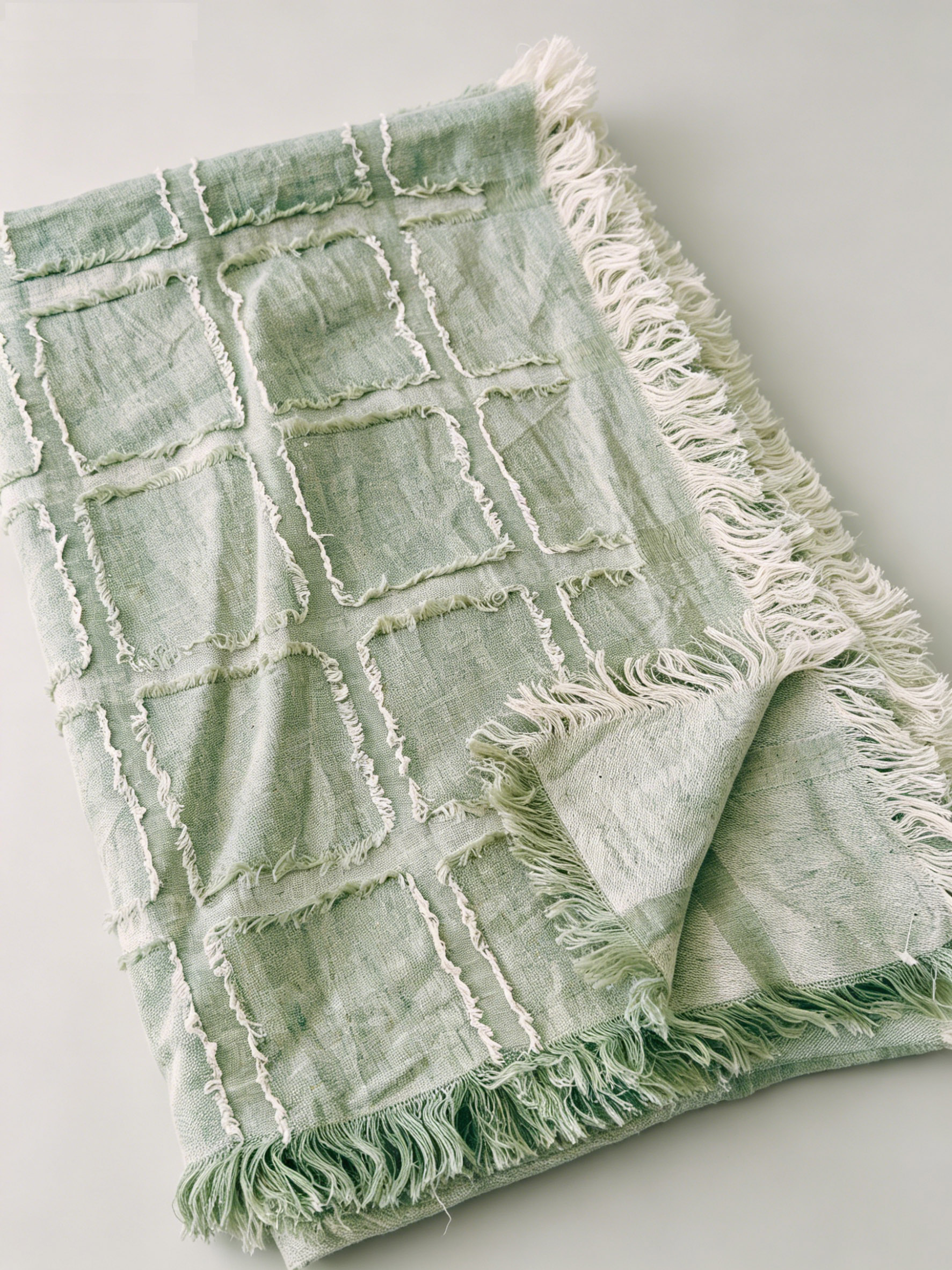 270gsm Mint Green Lattice Frayed Linen Throw | OEKO‑TEX & European Flax Certified