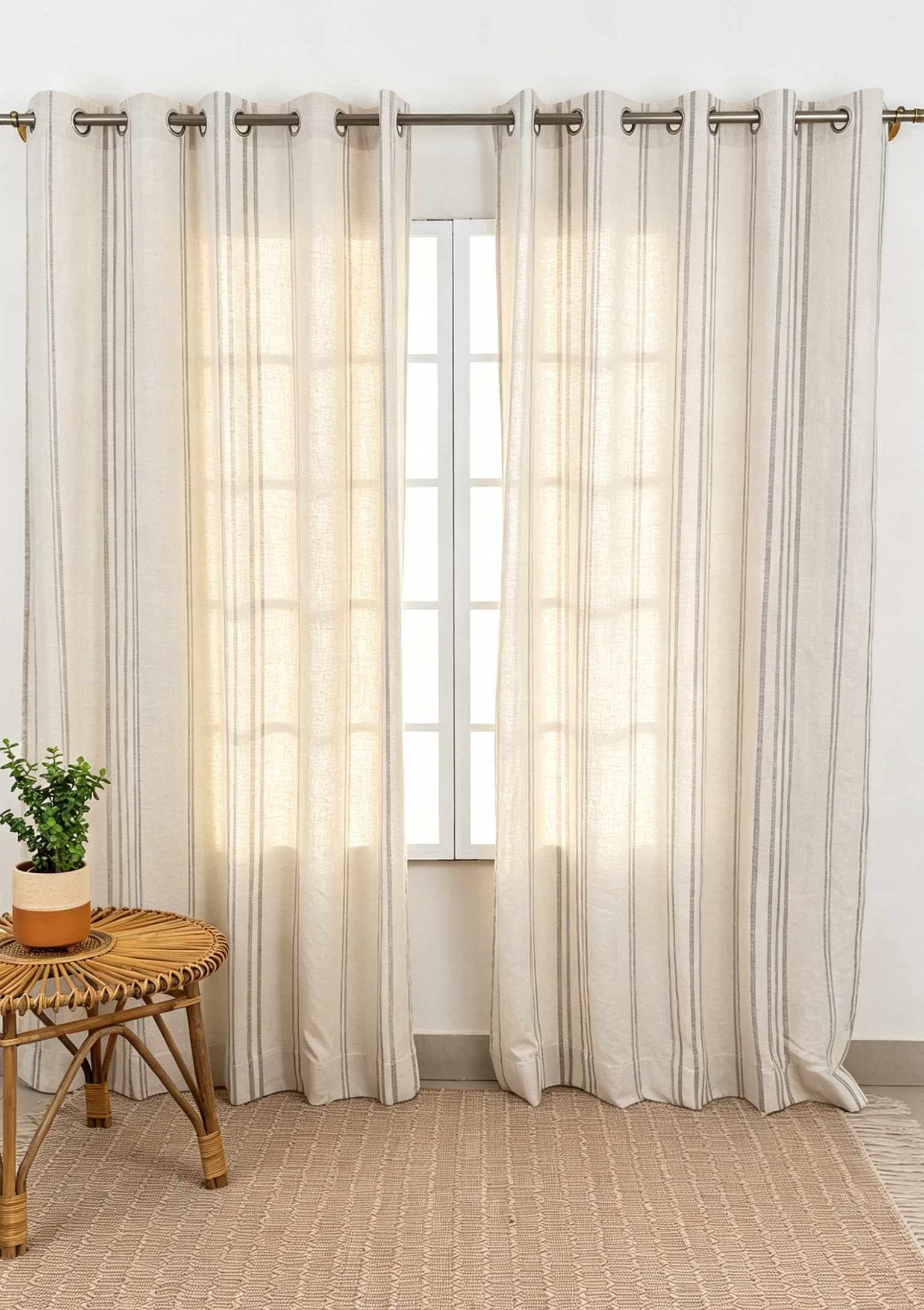 H041-5 100% European Flax Certified Linen Sheer Curtains | White with Soft Green Stripes