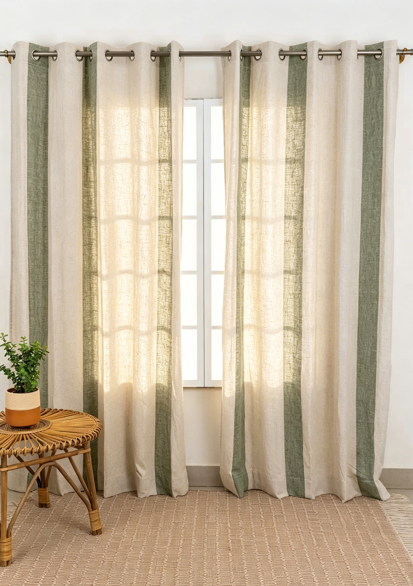 100% European Flax Linen Curtains | Green White Wide Striped Washed OEKO-TEX Sheer