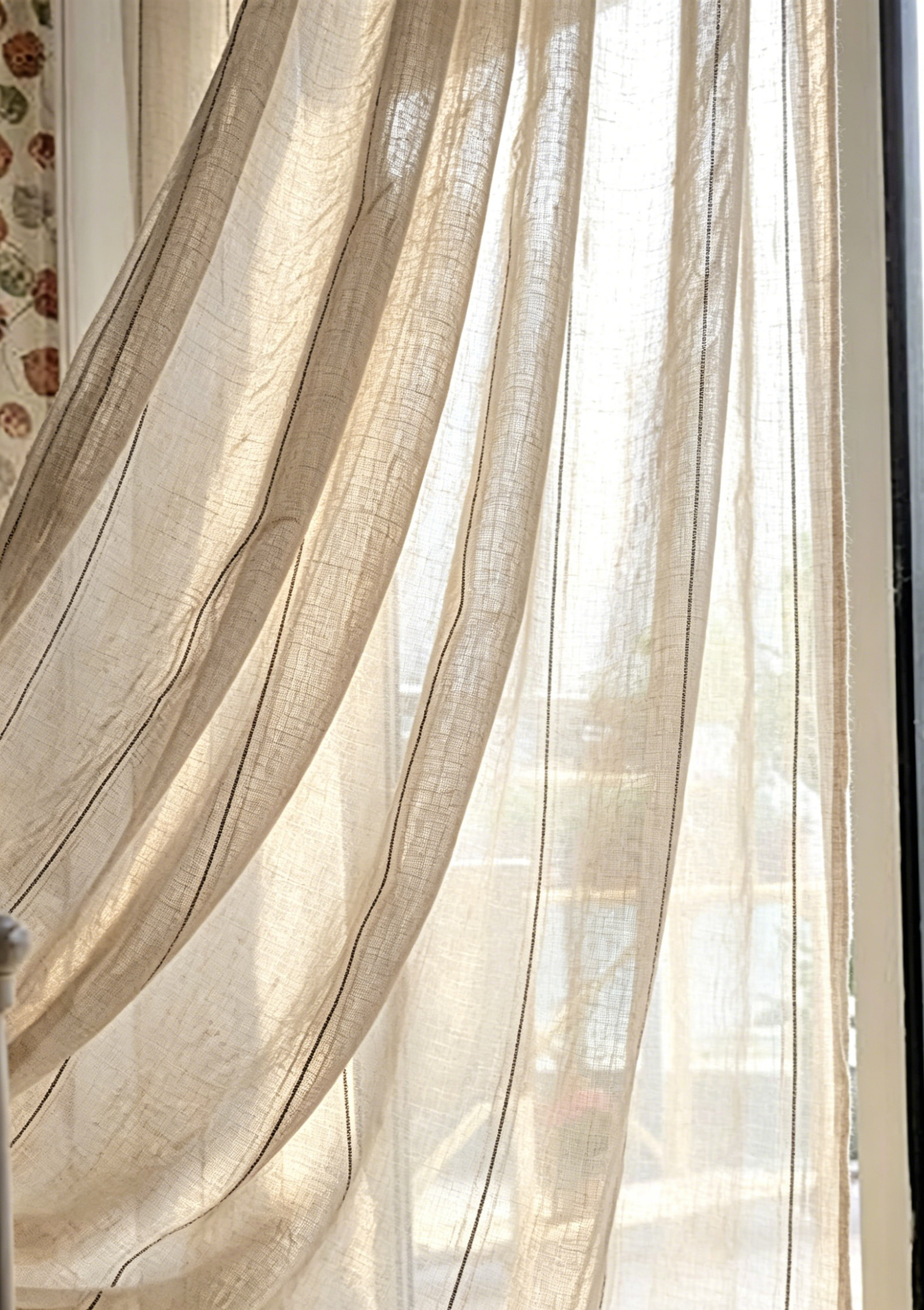 100% European Flax Linen Curtains | Natural Black Pinstripe Washed OEKO-TEX Sheer 100gsm